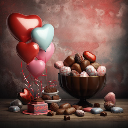Heart shaped balloons and chocolate candies on wooden table. Valentines day background with Generative AI.の素材