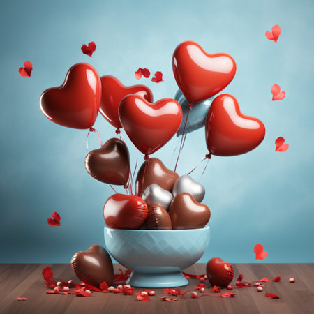 Valentine's day background with heart shaped balloons and chocolate hearts with Generative AI.の素材