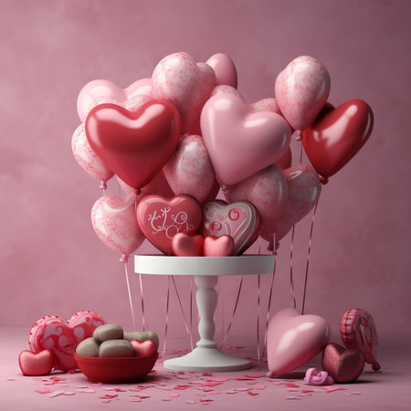 Valentine's day background with heart shaped balloons. 3d rendering with Generative AI.の素材