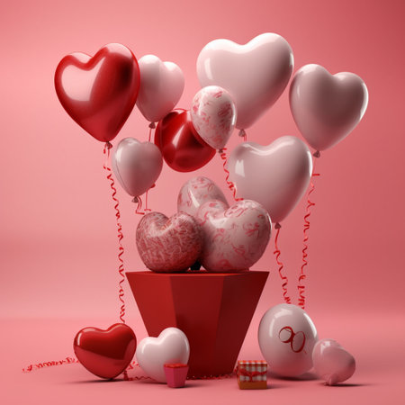 Valentine's day background with heart shaped balloons and gift box with Generative AI.の素材