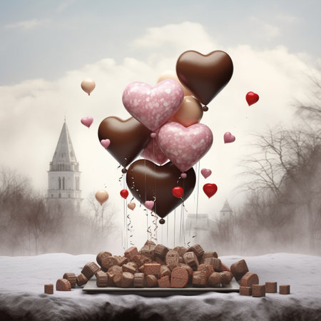 Valentine's day concept with heart shaped chocolate candies on snowy background with Generative AI.の素材