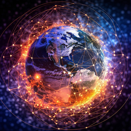 Earth planet with network representing international communication, technology and travel. 3D illustration with Generative AI.の素材