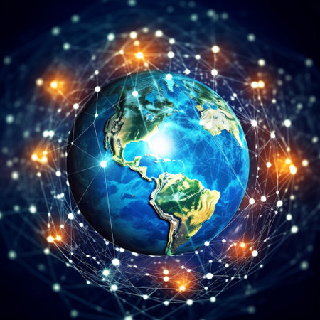 Best Internet Concept of global business. Globe, glowing lines on technological background. 3D illustration with Generative AI.の素材