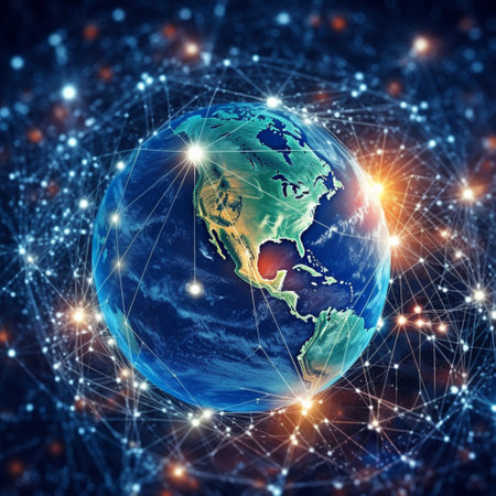 Earth planet from space with network representing international communication, technology and travel. 3D illustration with Generative AI.の素材