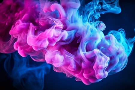 Colorful pink and blue smoke on a black background. Background from the smoke of vape with Generative AI.の素材