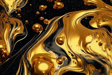 3d rendering of golden liquid with waves and bubbles on black background with Generative AI.の素材