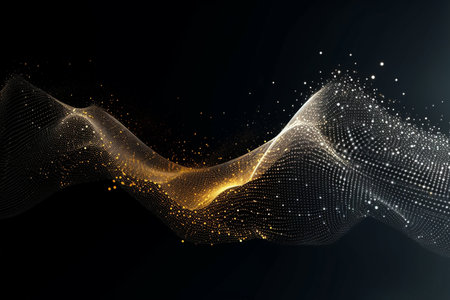 Abstract particles wave on dark background. Futuristic technology style. Vector illustration with Generative AI.の素材