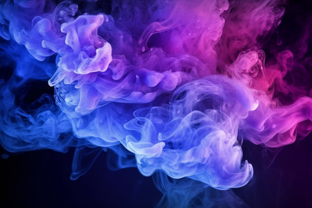 Dense multicolored smoke of  blue and pink colors on a black isolated background. Background from the smoke of vape with Generative AI.の素材