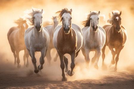White horses run gallop in the dust on a sunny day with Generative AI.の素材