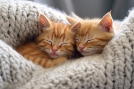 Two cute ginger kittens sleeping together in a soft knitted blanket with Generative AI.の素材