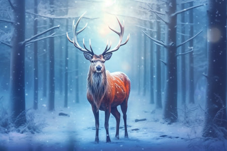 Beautiful red deer in winter forest with snow and fog. 3d rendering with Generative AI.の素材