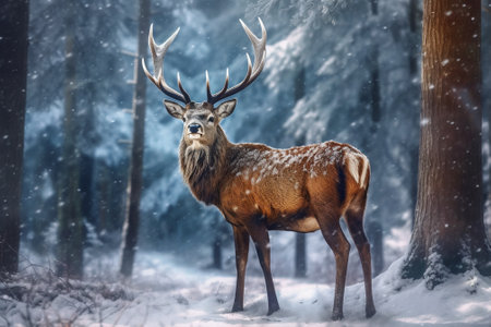 Majestic male deer in snowy forest during rutting season with Generative AI.の素材