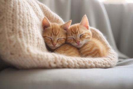 Two cute little kittens sleeping on sofa at home, close up with Generative AI.の素材