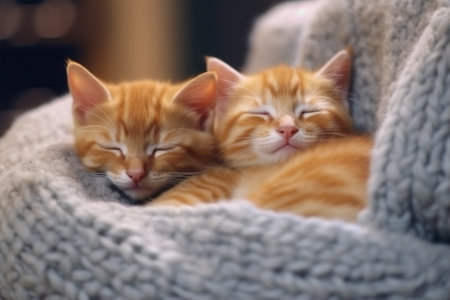 Cute ginger kittens sleeping on a knitted blanket. Shallow depth of field with Generative AI.の素材