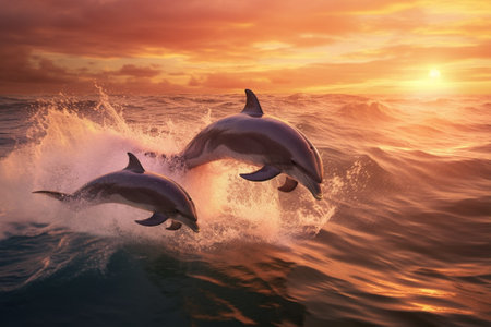 Dolphins jumping out of the water at sunset. 3d rendering with Generative AI.の素材