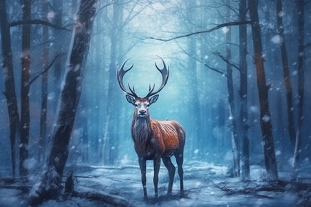 Deer in the misty forest at night. Beautiful stag in winter forest with Generative AI.の素材