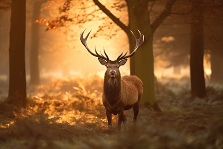 Red deer stag during rutting season in Autumn Fall season with Generative AI.の素材