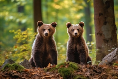 Two brown bear cubs sitting on a rock in the autumn forest with Generative AI.の素材