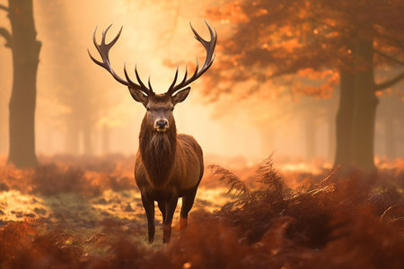 Red deer stag in autumn forest. Fall season nature landscape image with Generative AI.の素材