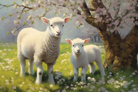 Sheep and lambs in spring blooming garden. Digital painting with Generative AI.の素材