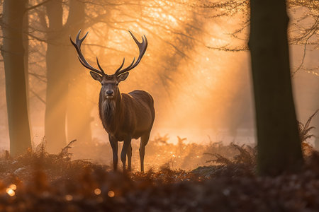 Red deer stag during rutting season in autumn forest landscape with Generative AI.の素材