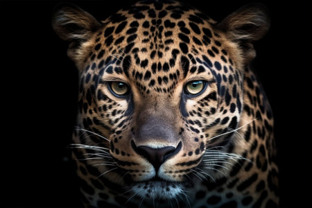 Portrait of a leopard on a black background, close-up with Generative AI.の素材