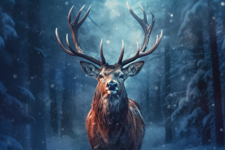 Beautiful red deer stag in winter forest. Wildlife scene with wild animal with Generative AI.の素材