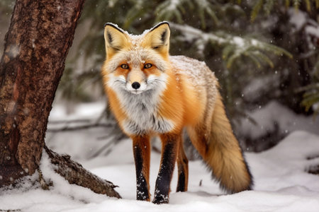 Red fox (Vulpes vulpes) in winter forest with Generative AI.の素材