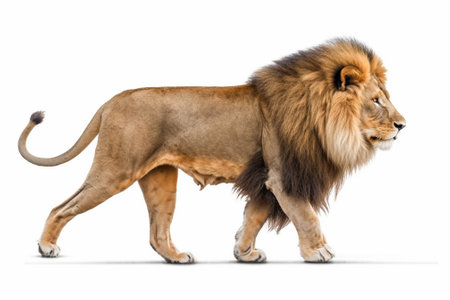 Side view of a male lion, Panthera leo, walking against white background with Generative AI.の素材
