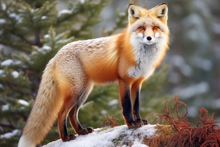 Red fox (Vulpes vulpes) in winter forest with Generative AI.の素材