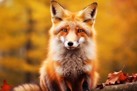 Red fox in autumn forest. Close up portrait of a wild animal with Generative AI.の素材