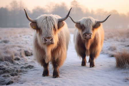 Two Scottish highland cattle standing in the snow looking at the camera with Generative AI.の素材