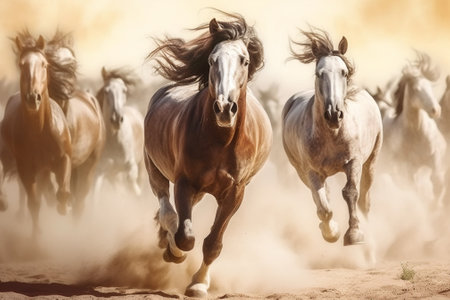 Horses galloping in the dust. Beautiful horses in motion with Generative AI.の素材