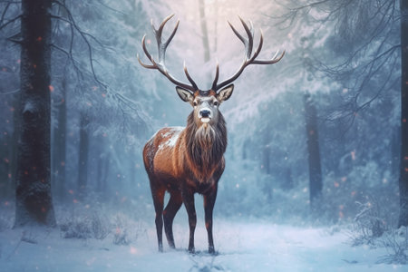 Beautiful red deer stag in snowy winter forest. Vintage style with Generative AI.の素材