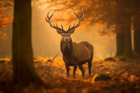Red Deer (Cervus elaphus) stag in autumn forest during rutting season with Generative AI.の素材