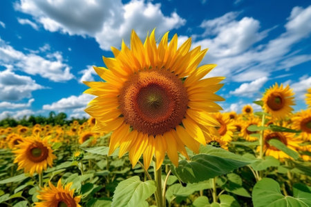 Sunflower field over cloudy blue sky background. Sunflower blooming in summer with Generative AI.の素材