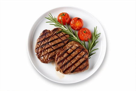 Grilled steak with rosemary and cherry tomatoes on a white plate with Generative AI.の素材
