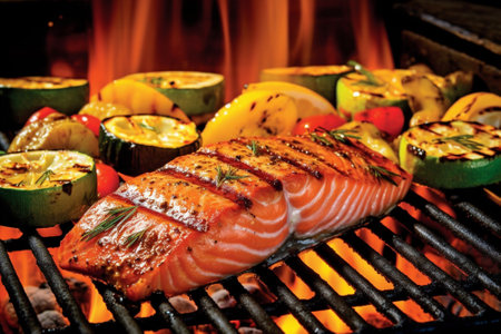 Grilled salmon steak with grilled vegetables on barbecue grill, closeup with Generative AI.の素材