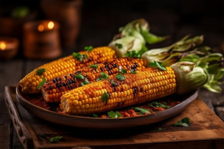 Grilled corn with parsley and chili sauce on rustic background with Generative AI.の素材