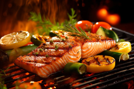 Grilled salmon with vegetables on the grill. Shallow dof with Generative AI.の素材