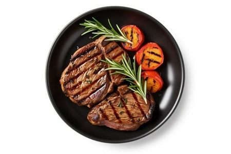 Grilled beef steaks with rosemary and tomatoes isolated on white background with Generative AI.の素材