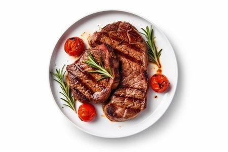 Grilled T-bone steak with rosemary and cherry tomatoes on white plate isolated on white background with Generative AI.の素材