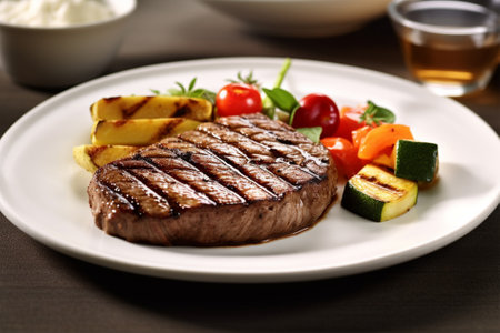 Grilled steak with grilled vegetables on plate on wooden table, closeup with Generative AI.の素材