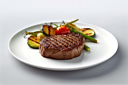 Grilled beefsteak with grilled vegetables on a white plate with Generative AI.の素材