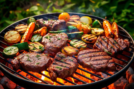 Grilled beef steaks with grilled vegetables on barbecue grill in summer with Generative AI.の素材
