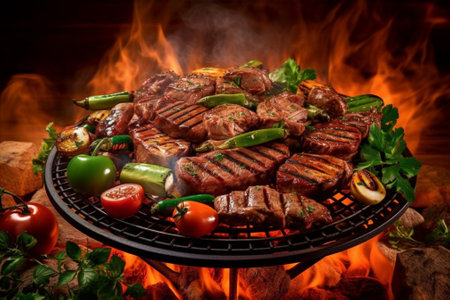Grilled meat and vegetables on a barbecue grill with flames and smoke with Generative AI.の素材