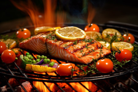 Grilled salmon with lemon and vegetables on a barbecue grill, close up with Generative AI.の素材