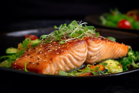 Salmon steak with avocado and microgreens on a black plate with Generative AI.の素材