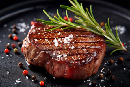 Grilled beef steak with rosemary and spices on a black background with Generative AI.の素材