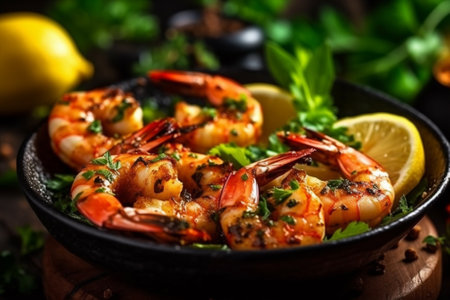 Grilled tiger prawns with lemon and parsley in a bowl with Generative AI.の素材